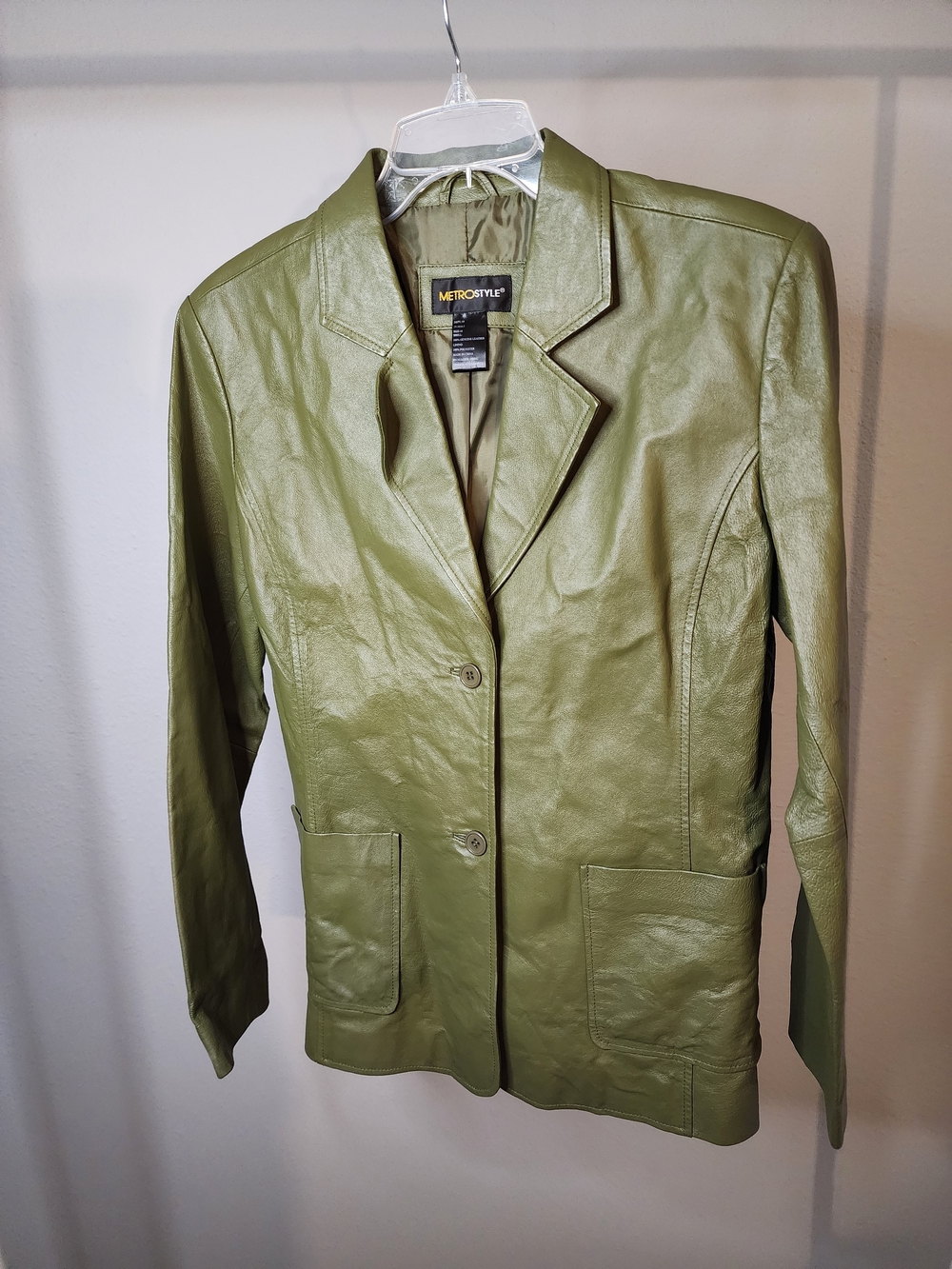 Metrostyle Olive Green Genuine Leather Blazer Jacket for Women